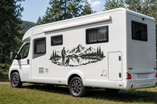 Wohnmobil-Aufkleber Wanderer mit Hund am Bergsee