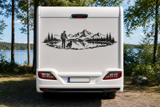 Wohnmobil-Aufkleber Wanderer mit Hund am Bergsee