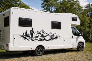 Wohnmobil-Aufkleber Wanderer mit Hund auf Bergrücken