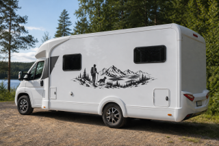 Wohnmobil-Aufkleber Wanderer mit Hund auf Bergrücken