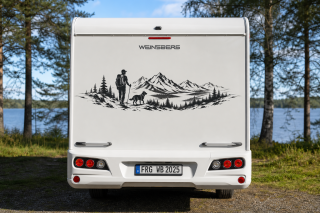 Wohnmobil-Aufkleber Wanderer mit Hund auf Bergrücken