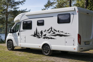 Wohnmobil-Aufkleber Wanderer mit Hund vor Bergpanorama