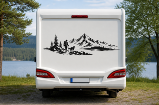 Wohnmobil-Aufkleber Wanderer mit Hund vor Bergpanorama